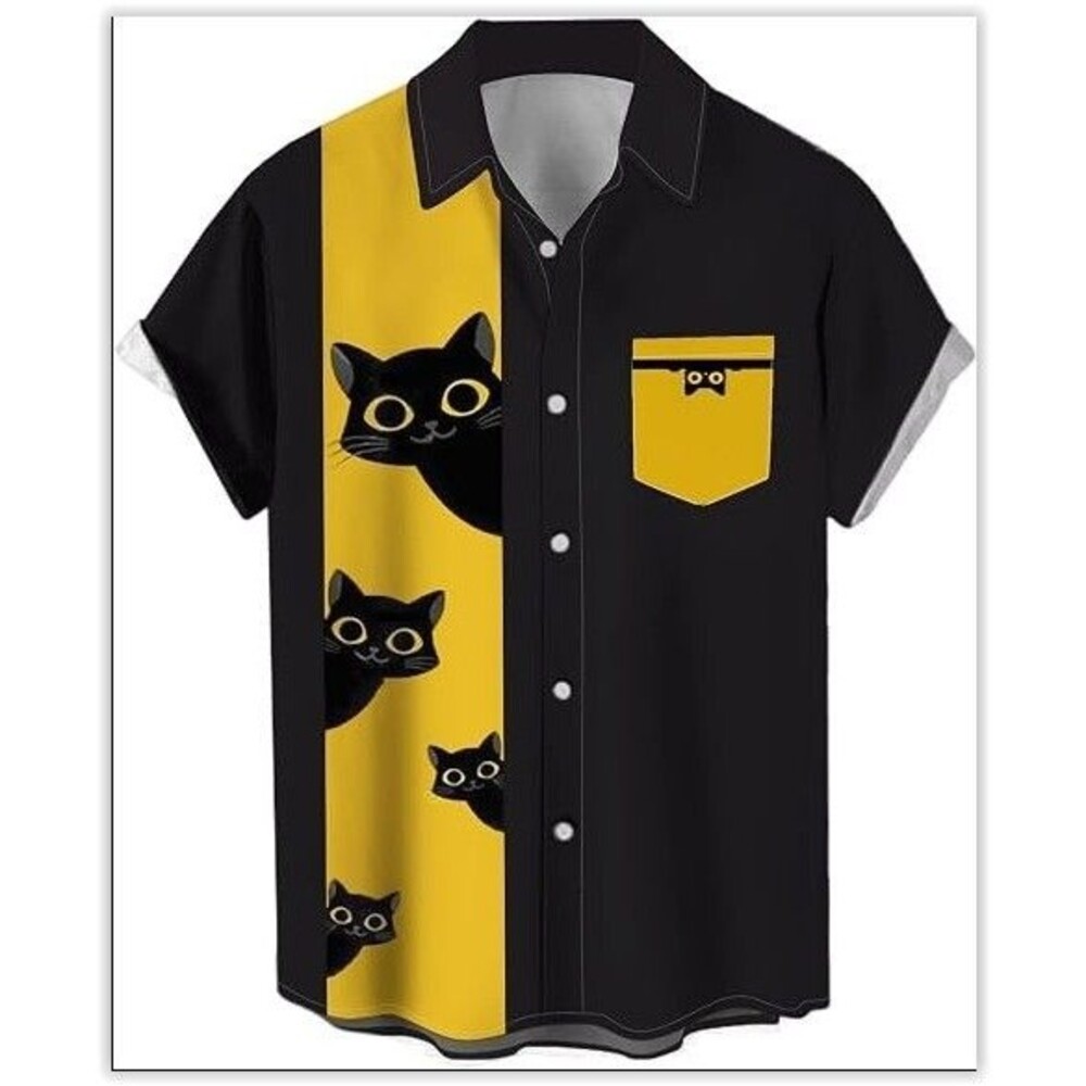 Mens Large Hawaiian Bowling Button-Up Shirt Black Cat Lightweight Collared